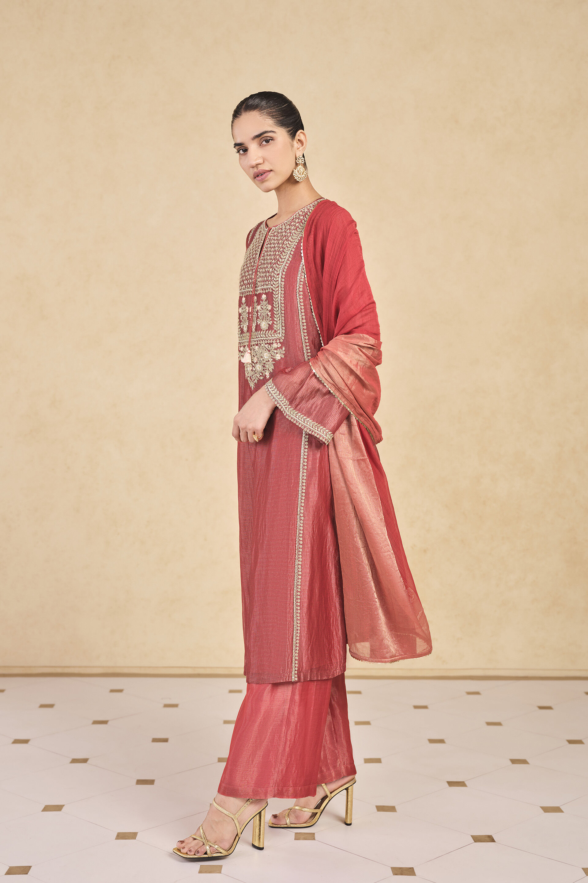 Avimukta Embroidered Zardozi Mul Suit Set - Red, Red, image 3